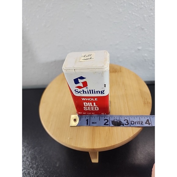 Vintage Tin  1977 Schilling Whole Dill  Seed Spice Tin 1.62 Ozs Not Empty - Picture 8 of 8